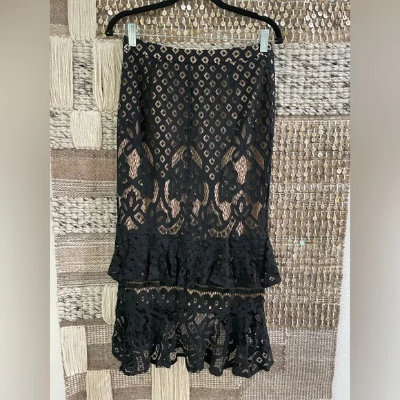 🖤 Current Air Anthropologie black embroidered lace ruffled midi skirt sz S - Picture 6 of 13